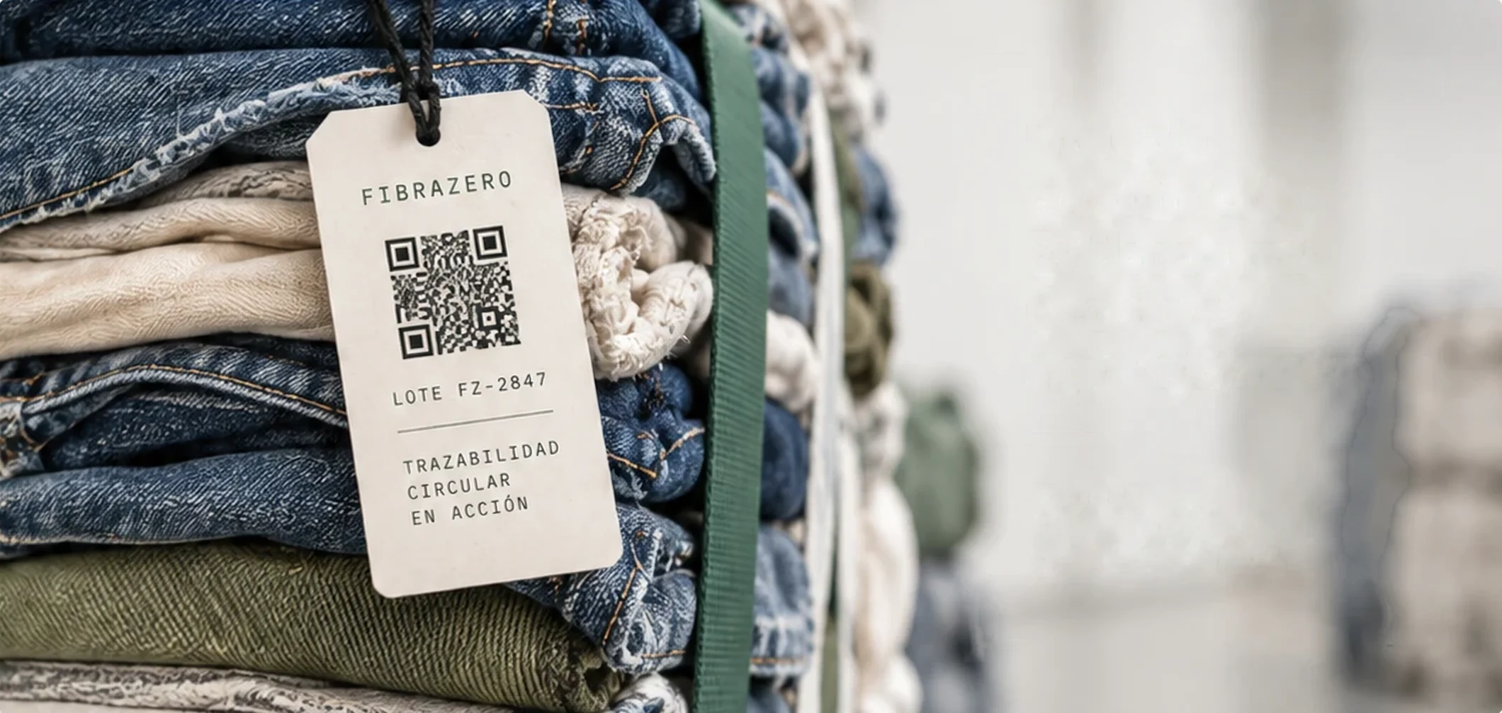 Pila de jeans con una etiqueta FibraZero con código QR del lote FZ-2847